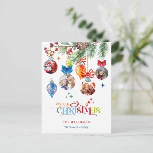 Festive Merry Christmas Pine & Baubles 4 Photo Feestdagenkaart (Staand voorkant)