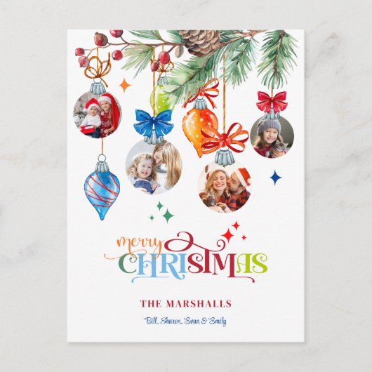 Festive Merry Christmas Pine & Baubles 4 Photo Feestdagenkaart (Voorkant)