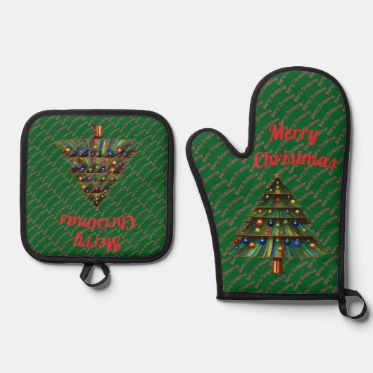 Festive Merry Christmas Tree Holiday Ovenwant & Pannenlap Set (Voorkant)