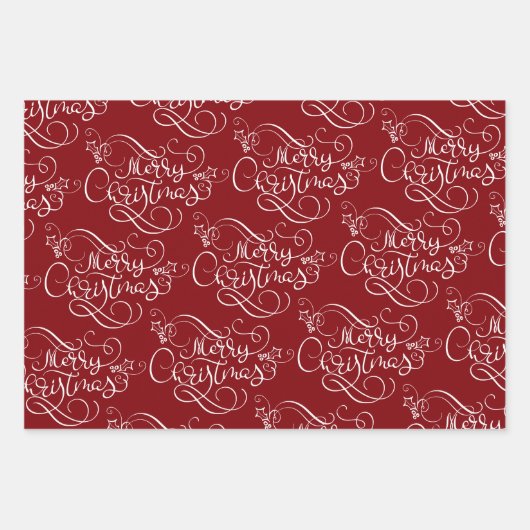 Festive Merry Fancy Script Red Inpakpapier Vel (Voorkant 3)