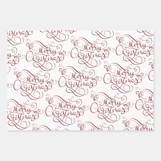Festive Merry Fancy Script Red Inpakpapier Vel (Voorkant 2)