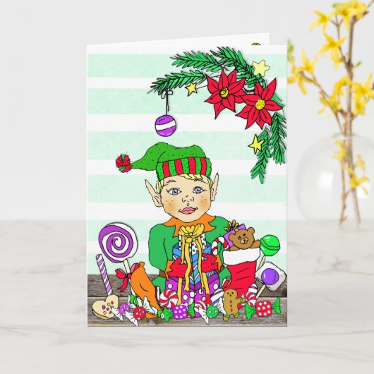 Festive Merry Kerstmis Elf Kaart (Gele Bloem)