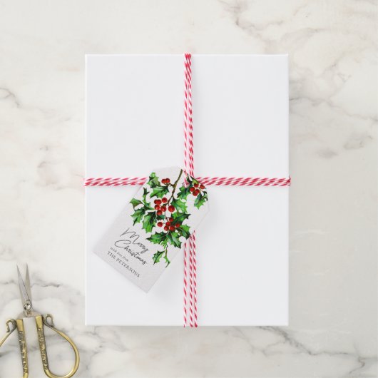 Festive  Merry Kerstmis Holly Berries Cadeaulabel (Met Touw)