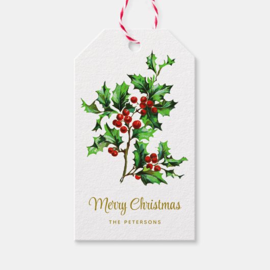 Festive  Merry Kerstmis Holly Berries Cadeaulabel (Voorkant)