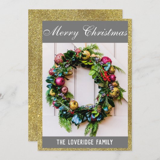 Festive Merry Kerstmis met grijs en goudglitter Feestdagenkaart (Voorkant / Achterkant)