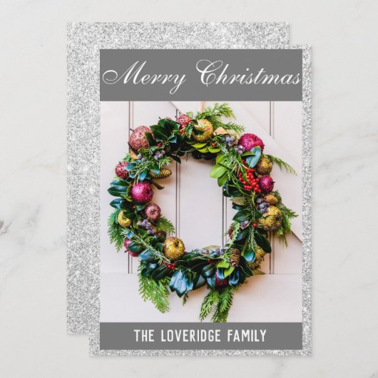 Festive Merry Kerstmis met grijze zilver glitter Feestdagenkaart (Voorkant / Achterkant)