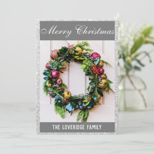 Festive Merry Kerstmis met grijze zilver glitter Feestdagenkaart (Staand voorkant)