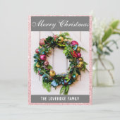 Festive Merry Kerstmis Wreated Roos Gold Glitter Feestdagenkaart (Staand voorkant)