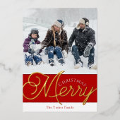 Festive Merry Script Red & Gold 2-fotoKerstmis Folie Feestdagenkaart (Voorkant)