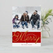 Festive Merry Script Red & Gold 2-fotoKerstmis Folie Feestdagenkaart (Staand Voorkant)