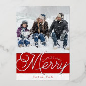 Festive Merry Script Red & Silver-foto met kerstmi Folie Feestdagenkaart (Voorkant)