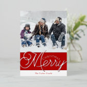 Festive Merry Script Red & Silver-foto met kerstmi Folie Feestdagenkaart (Staand Voorkant)