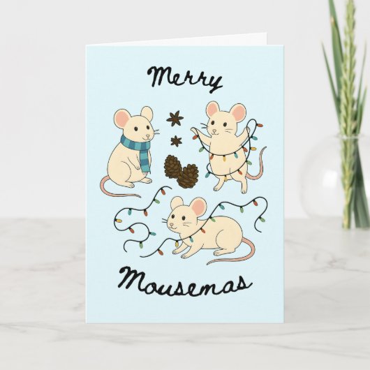 Festive Mice with Fairy Lights – Christmas Card Kaart (Voorkant)