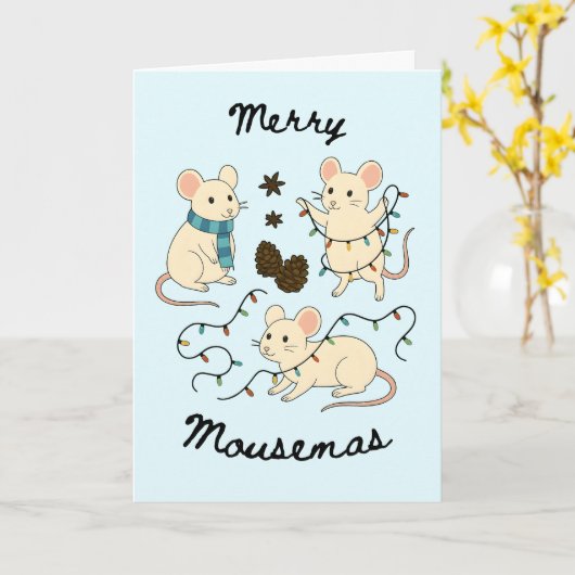 Festive Mice with Fairy Lights – Christmas Card Kaart (Gele Bloem)