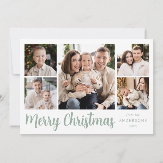Festive Mint Script 5 Photo Collage Feestdagenkaart (Voorkant)