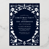 Festive Modern Silver Navy Blue Kerstparty Folie Uitnodiging (Voorkant)