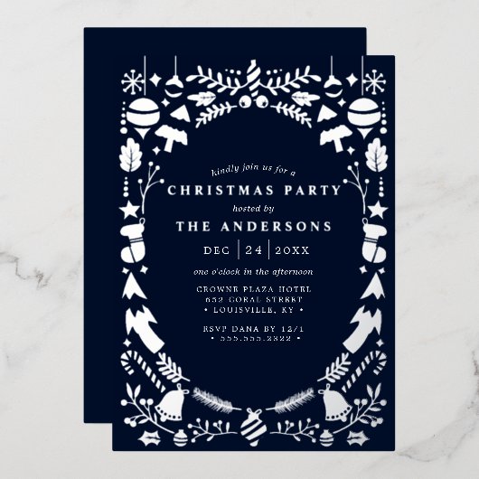 Festive Modern Silver Navy Blue Kerstparty Folie Uitnodiging (Voorkant / Achterkant)