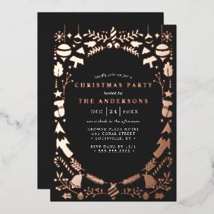Festive Moderne Roos Gold Black kerstparty Folie Uitnodiging
