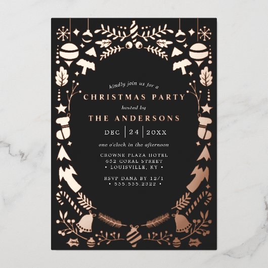 Festive Moderne Roos Gold Black kerstparty Folie Uitnodiging (Voorkant)