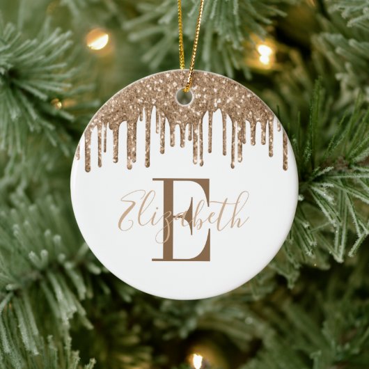 Festive Monogram Gold Glitter Drip Keramisch Ornament (Boom)