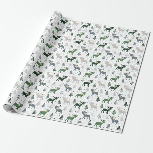 Festive Moose, Trees en Sneeuwkerstpatroon Cadeaupapier (Uitgerold)