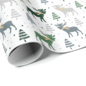 Festive Moose, Trees en Sneeuwkerstpatroon Cadeaupapier (Rol Hoek)