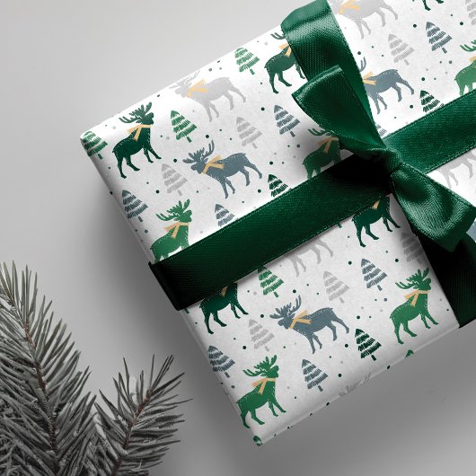 Festive Moose, Trees en Sneeuwkerstpatroon Cadeaupapier