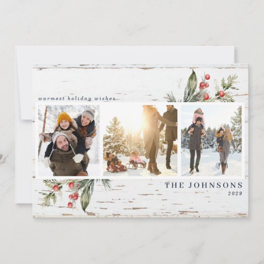 Festive Navy Blue Farmhouse Greenery Foto Collage Feestdagenkaart (Voorkant)