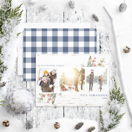 Festive Navy Blue Farmhouse Greenery Foto Collage Feestdagenkaart