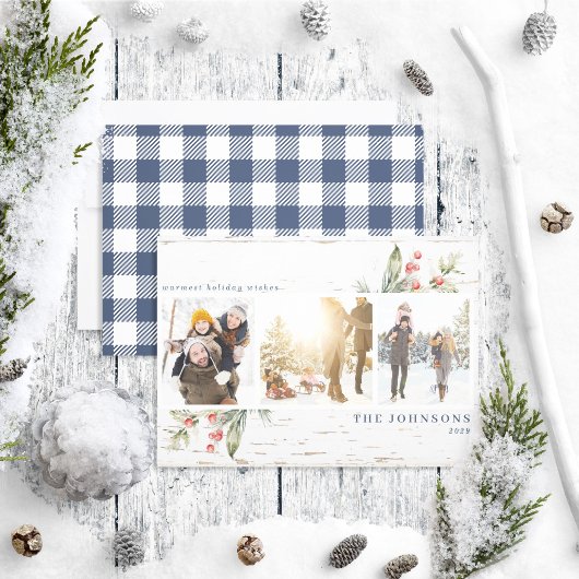 Festive Navy Blue Farmhouse Greenery Foto Collage Feestdagenkaart