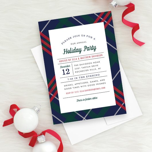 Festive Navy Green Red Tartan Pset Holiday Party Kaart