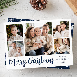 Festive Navy Script 5 Photo Collage Feestdagenkaart