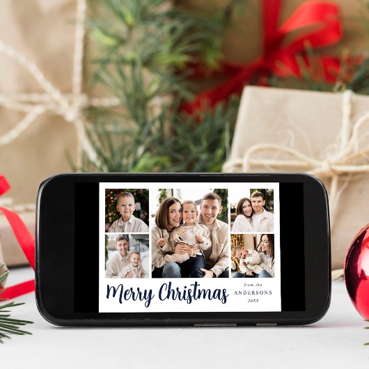 Festive Navy Script 5 Photo Collage Feestdagenkaart