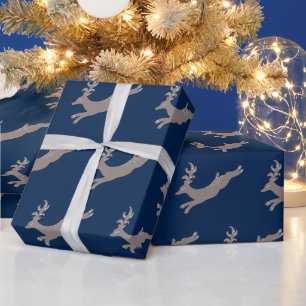 Festive Navy Tan Flying Reindeer Kinder Kerstmis Cadeaupapier