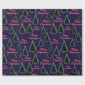 Festive Neon Merry-kerstbomen en sneeuw Cadeaupapier (Vlak)