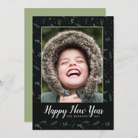 Festive New Year laat Berries Photo Card Feestdagenkaart (Voorkant / Achterkant)