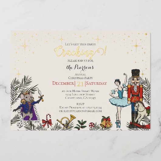 Festive Nutcracker Ballet Christmas Party Ivory Folie Uitnodiging (Voorkant)