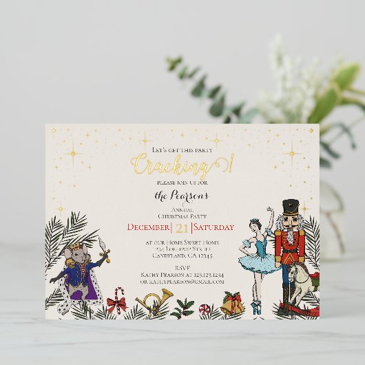 Festive Nutcracker Ballet Christmas Party Ivory Folie Uitnodiging (Staand Voorkant)