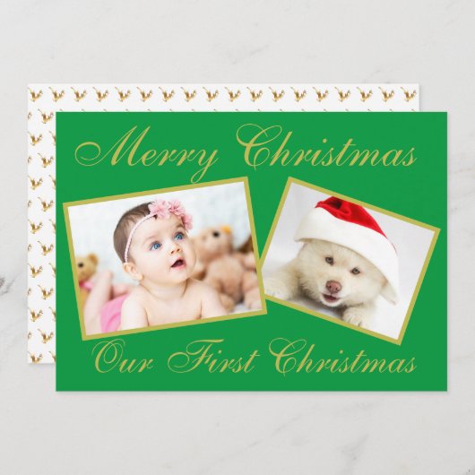 Festive Ons eerste kerstgoud 2-fotofeestdag Feestdagenkaart (Voorkant / Achterkant)