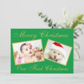 Festive Ons eerste kerstgoud 2-fotofeestdag Feestdagenkaart (Staand voorkant)