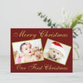 Festive Ons eerste kerstgoud 2-fotofeestdag Feestdagenkaart (Staand voorkant)