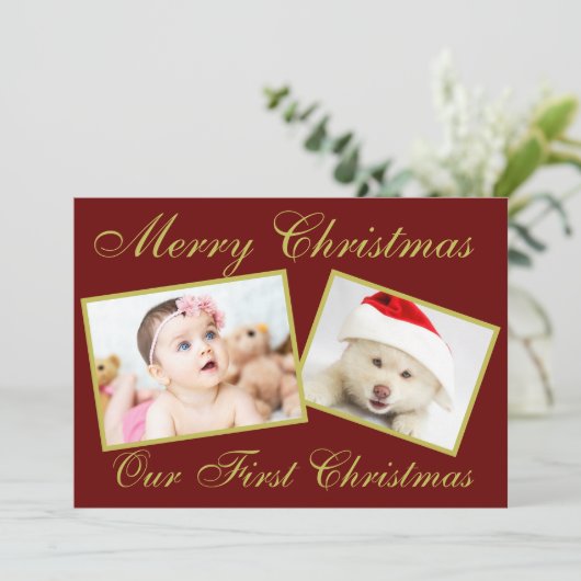 Festive Ons eerste kerstgoud 2-fotofeestdag Feestdagenkaart (Staand voorkant)