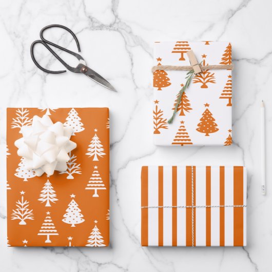 Festive Orange and White Christmas Tree Pattern Inpakpapier Vel (Voorkant)