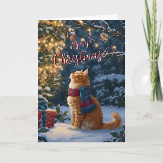 Festive Orange Cat Christmas Greeting Folded Card Feestdagen Kaart (Voorkant)