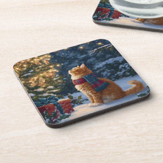 Festive Orange Cat Hard Plastic Coaster Set Bier Onderzetter (Linkerzijde)