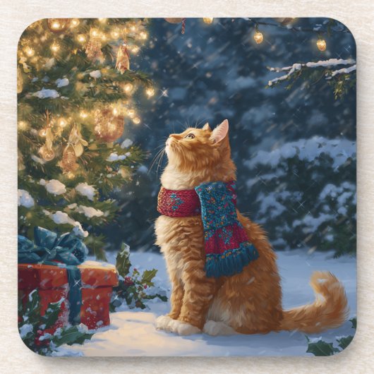 Festive Orange Cat Hard Plastic Coaster Set Bier Onderzetter (Voorkant)