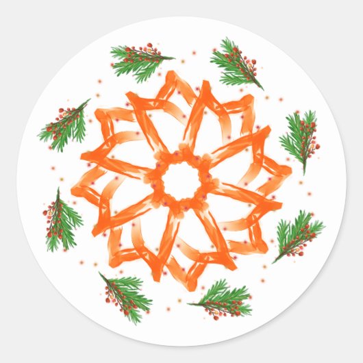 Festive Orange Floral Christmas Ronde Sticker (Voorkant)