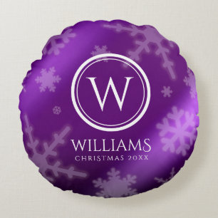 Festive Paars Foil Snowflakes Monogram Naam Rond Kussen