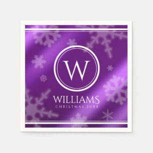 Festive Paars Foil Snowflakes Monogram Naam Servet
