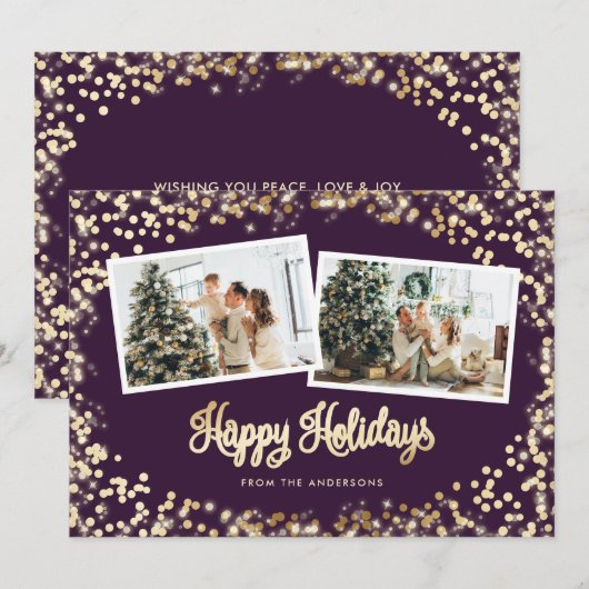 Festive Paars Twinkle Lights Stars Foto Feestdagenkaart (Voorkant / Achterkant)